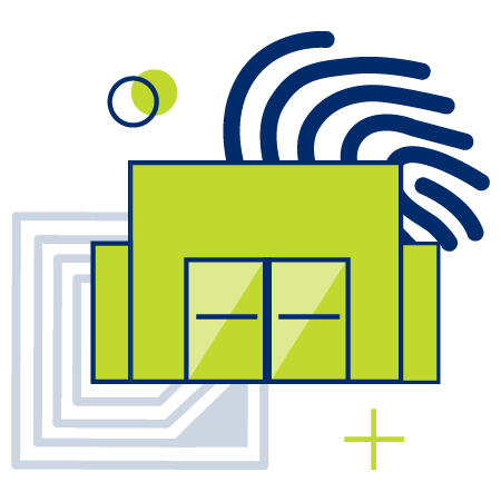 Building in front of an RFID tag and a fingerprint